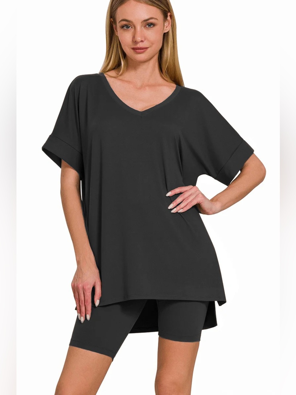 Zenana Outfitters black microfiber biker short set NWT